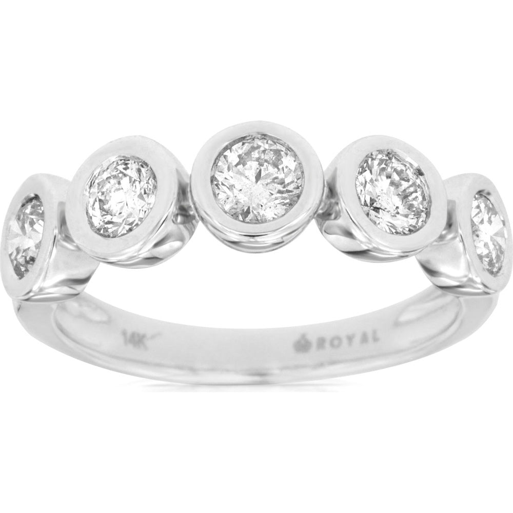 14K White Gold Graduating Five-Stone Wedding Band with Bezel Set Round Diamonds - 1.00 Carat Total Diamond Weight - Royal Jewelry