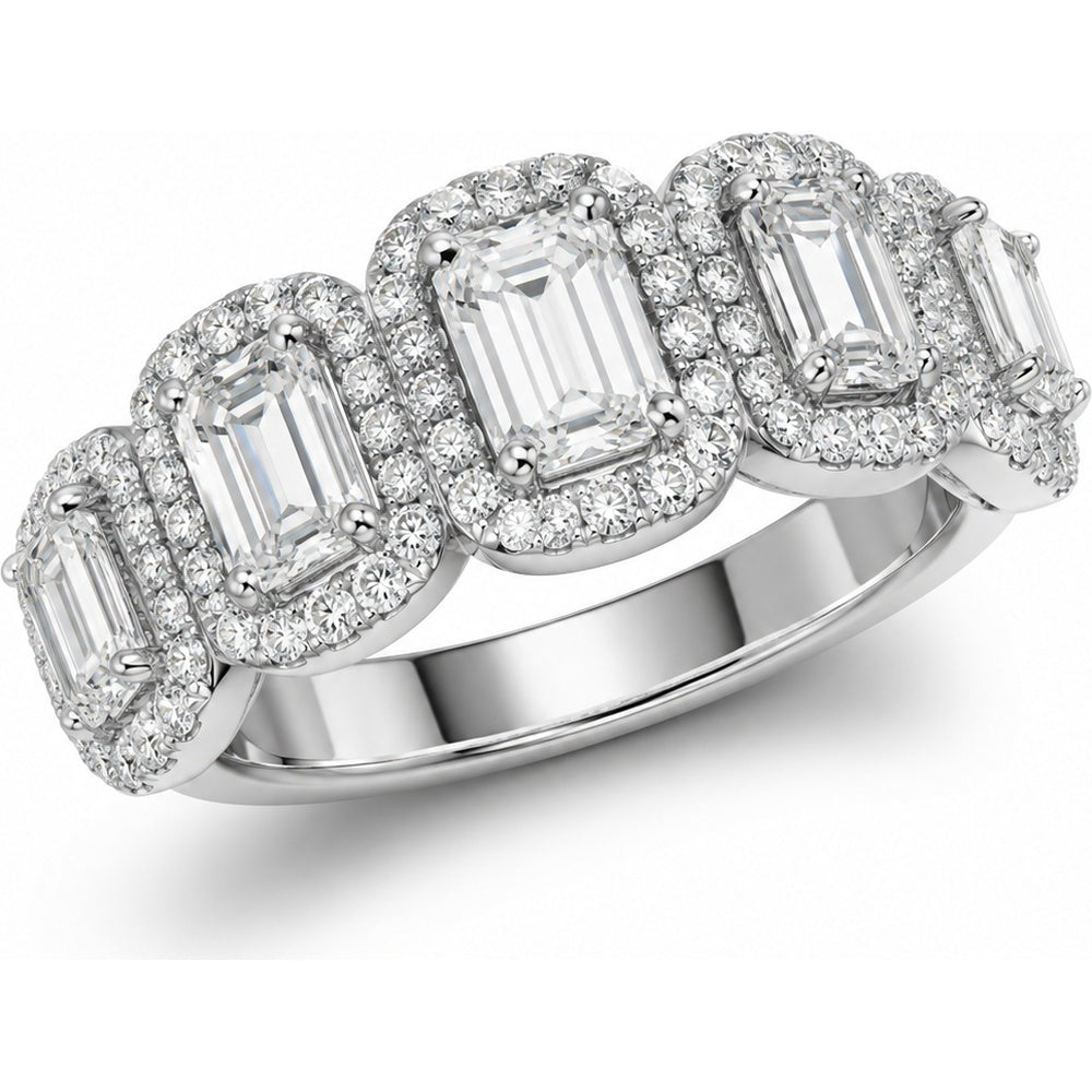 14K White Gold Graduating Halo Band Ring with Emerald Cut Lab Grown Diamonds - 4.64 Carat Total Diamond Weight by Auriventus