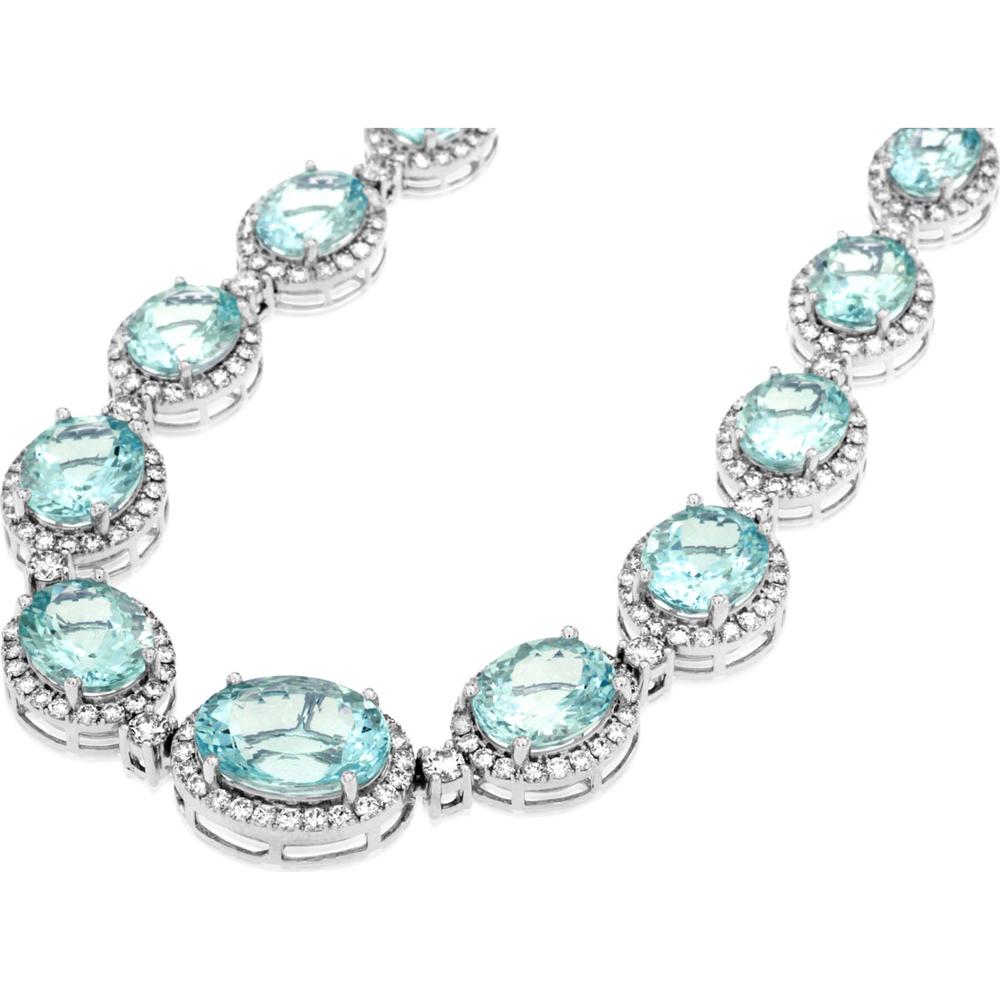 14K White Gold Graduating Halo Necklace with Oval Aquamarines and Round Diamonds - 41.80 Carat Total Aquamarine Weight & 10.00 Carat Total Diamond Weight - Royal Jewelry