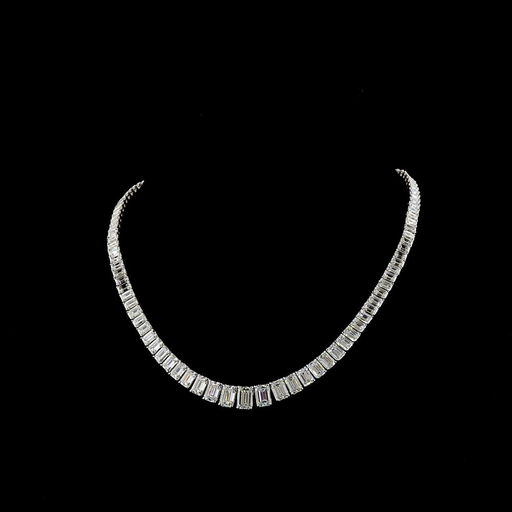 14K White Gold Graduating Riviera Necklace with 104 Emerald Cut Lab Diamonds - 47.16 Carat Total Weight Featuring a 1.74 Carat Center Stone - Covaloro Fine Jewelry
