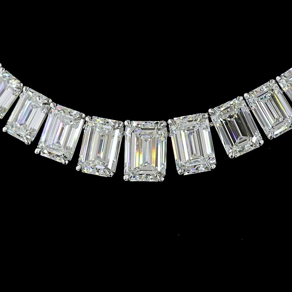 14K White Gold Graduating Riviera Necklace with 104 Emerald Cut Lab Diamonds - 47.16 Carat Total Weight Featuring a 1.74 Carat Center Stone - Covaloro Fine Jewelry