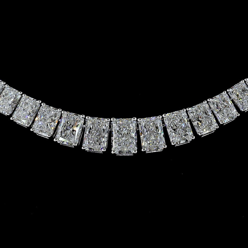 14K White Gold Graduating Riviera Necklace with 148 Radiant Cut Lab Diamonds - 19.66 Carat Total Weight, E-F Color VS2 Clarity - Covaloro Fine Jewelry