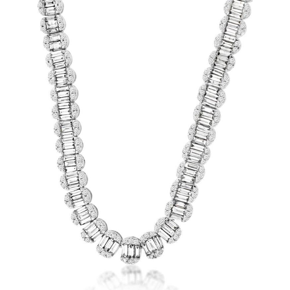 14K White Gold Graduating Tennis Necklace with Baguette and Round Diamonds - 8.50 Carat Total Diamond Weight - Royal Jewelry