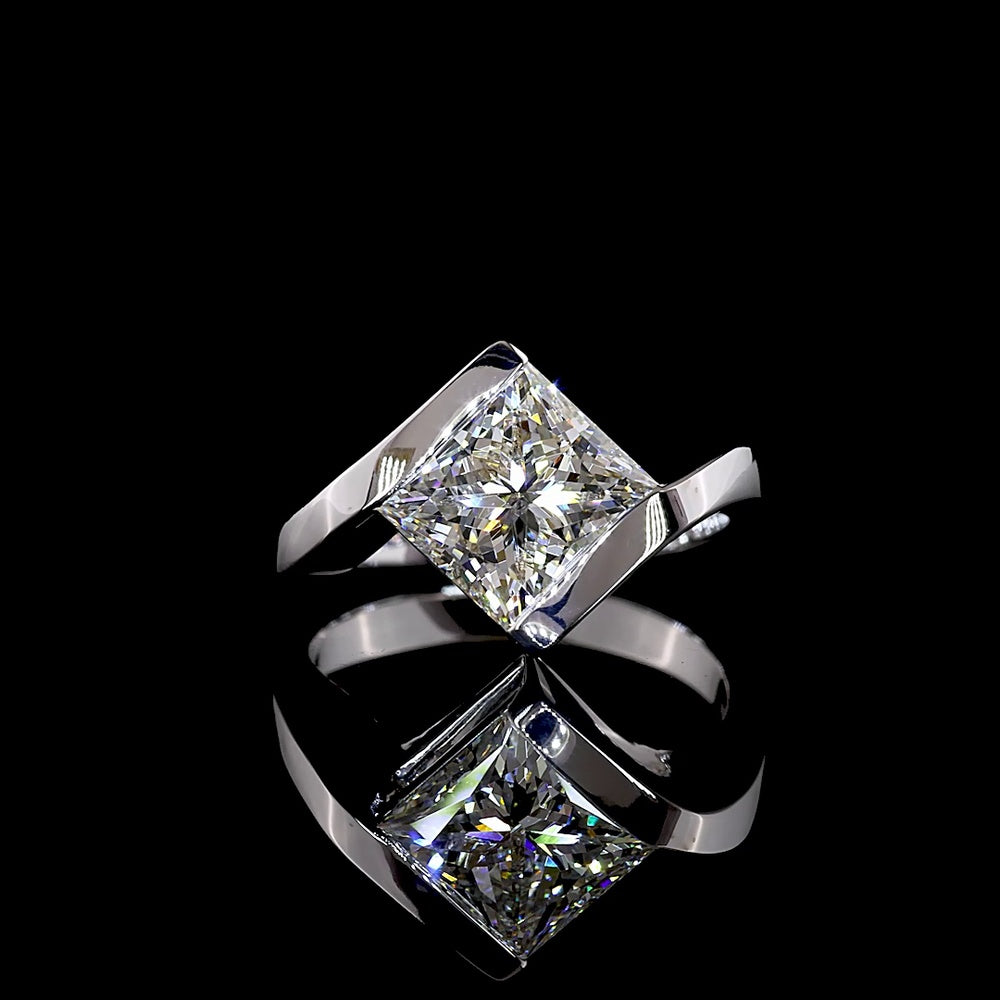 14K White Gold Half Bezel Set Princess Cut Lab Diamond Solitaire Ring - 3.02 Carat F VS1 Total Diamond Weight - Covaloro Fine Jewelry