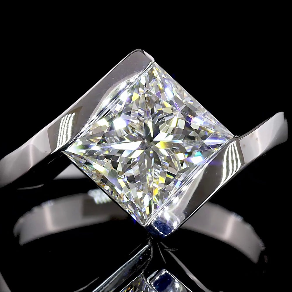 14K White Gold Half Bezel Set Princess Cut Lab Diamond Solitaire Ring - 3.02 Carat F VS1 Total Diamond Weight - Covaloro Fine Jewelry