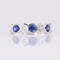 14K White Gold Half Eternity Band with Alternating Round Lab Blue and White Gemstones in Half Bezel Settings - 1.07 Total Carat Weight - Covaloro Fine Jewelry