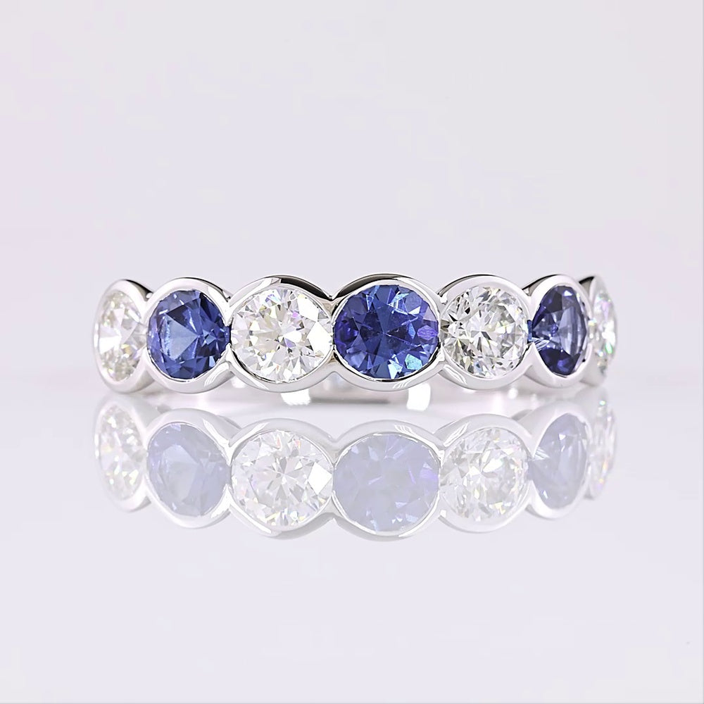 14K White Gold Half Eternity Band with Alternating Round Lab Blue and White Gemstones in Half Bezel Settings - 1.07 Total Carat Weight - Covaloro Fine Jewelry