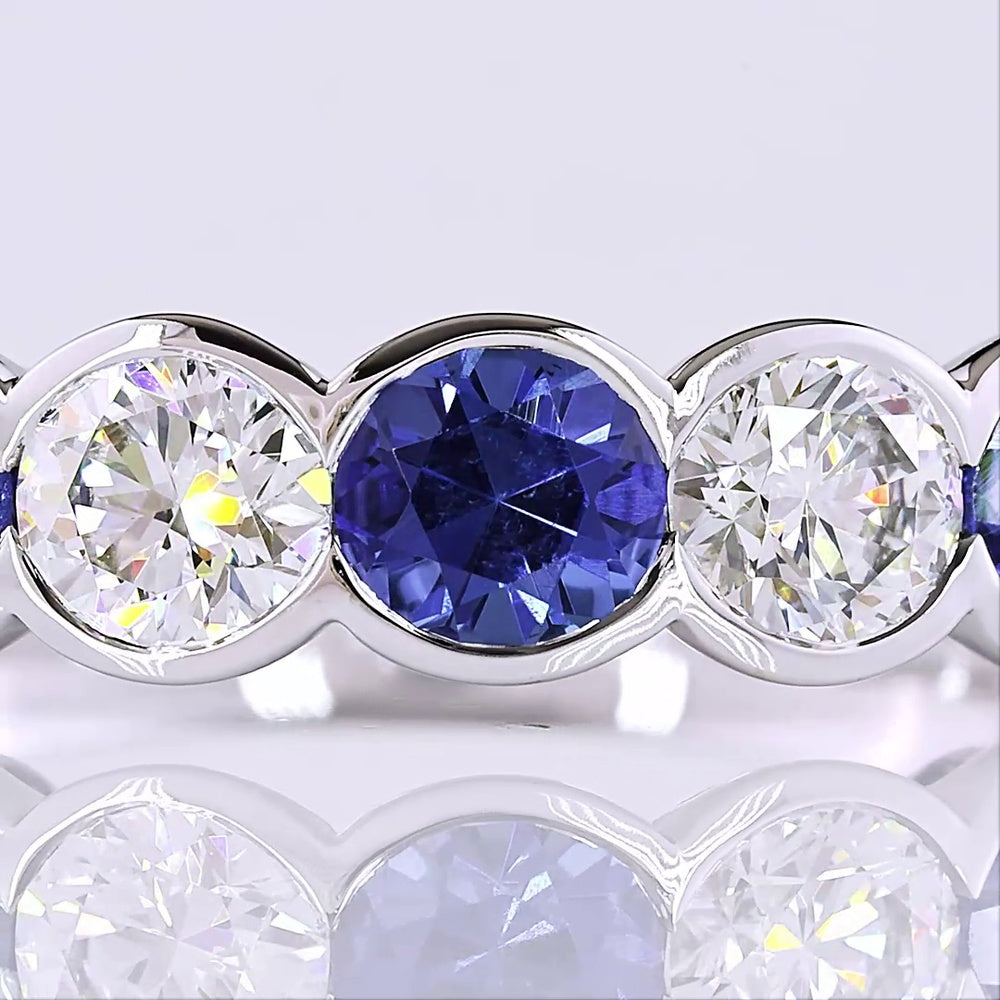 14K White Gold Half Eternity Band with Alternating Round Lab Blue and White Gemstones in Half Bezel Settings - 1.07 Total Carat Weight - Covaloro Fine Jewelry