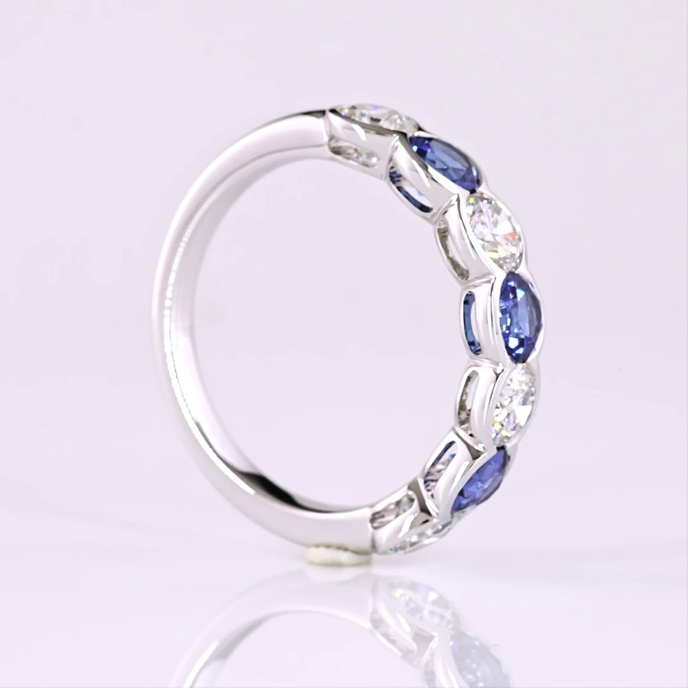 14K White Gold Half Eternity Band with Alternating Round Lab Blue and White Gemstones in Half Bezel Settings - 1.07 Total Carat Weight - Covaloro Fine Jewelry