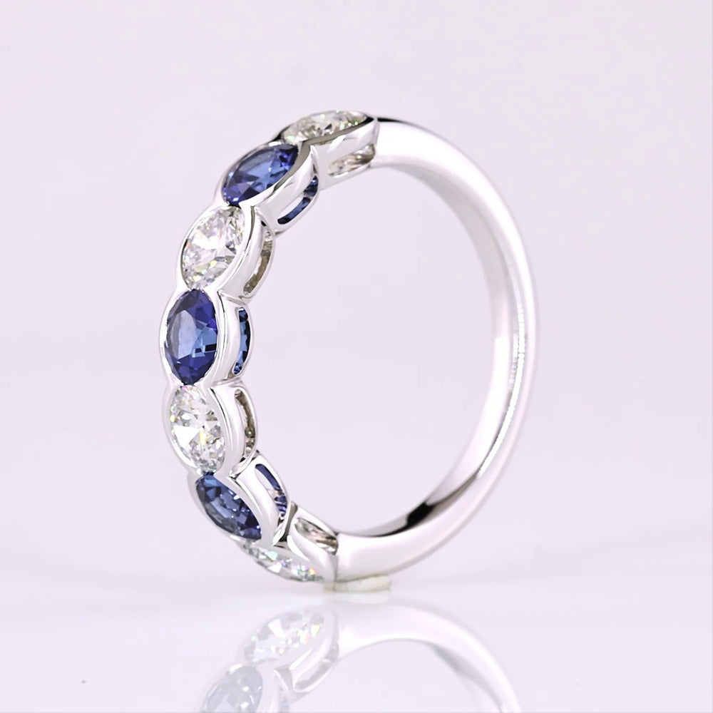 14K White Gold Half Eternity Band with Alternating Round Lab Blue and White Gemstones in Half Bezel Settings - 1.07 Total Carat Weight - Covaloro Fine Jewelry