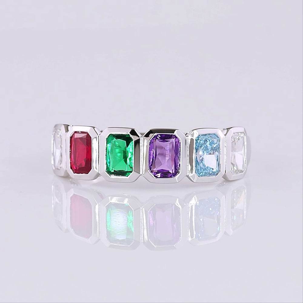 14K White Gold Half Eternity Band with Bezel Set Radiant Cut Ruby, Emerald, Sapphire, Aquamarine, and Diamond Lab Gemstones - 0.89 Carat Total Weight - Covaloro Fine Jewelry