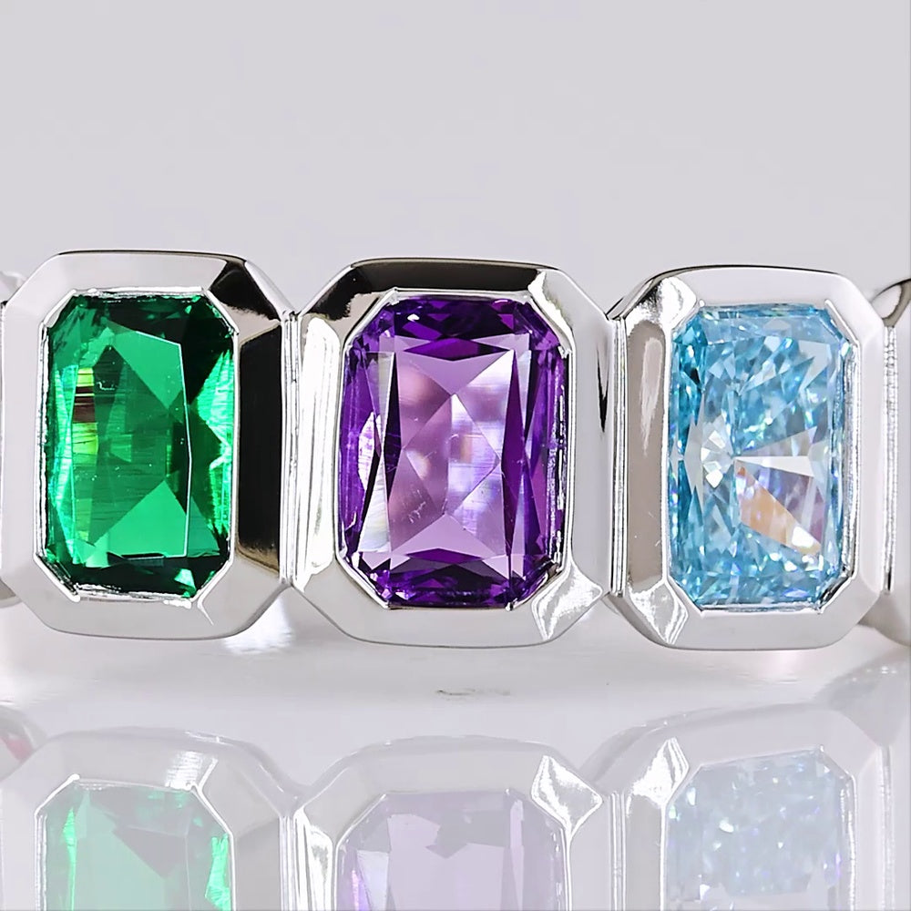 14K White Gold Half Eternity Band with Bezel Set Radiant Cut Ruby, Emerald, Sapphire, Aquamarine, and Diamond Lab Gemstones - 0.89 Carat Total Weight - Covaloro Fine Jewelry
