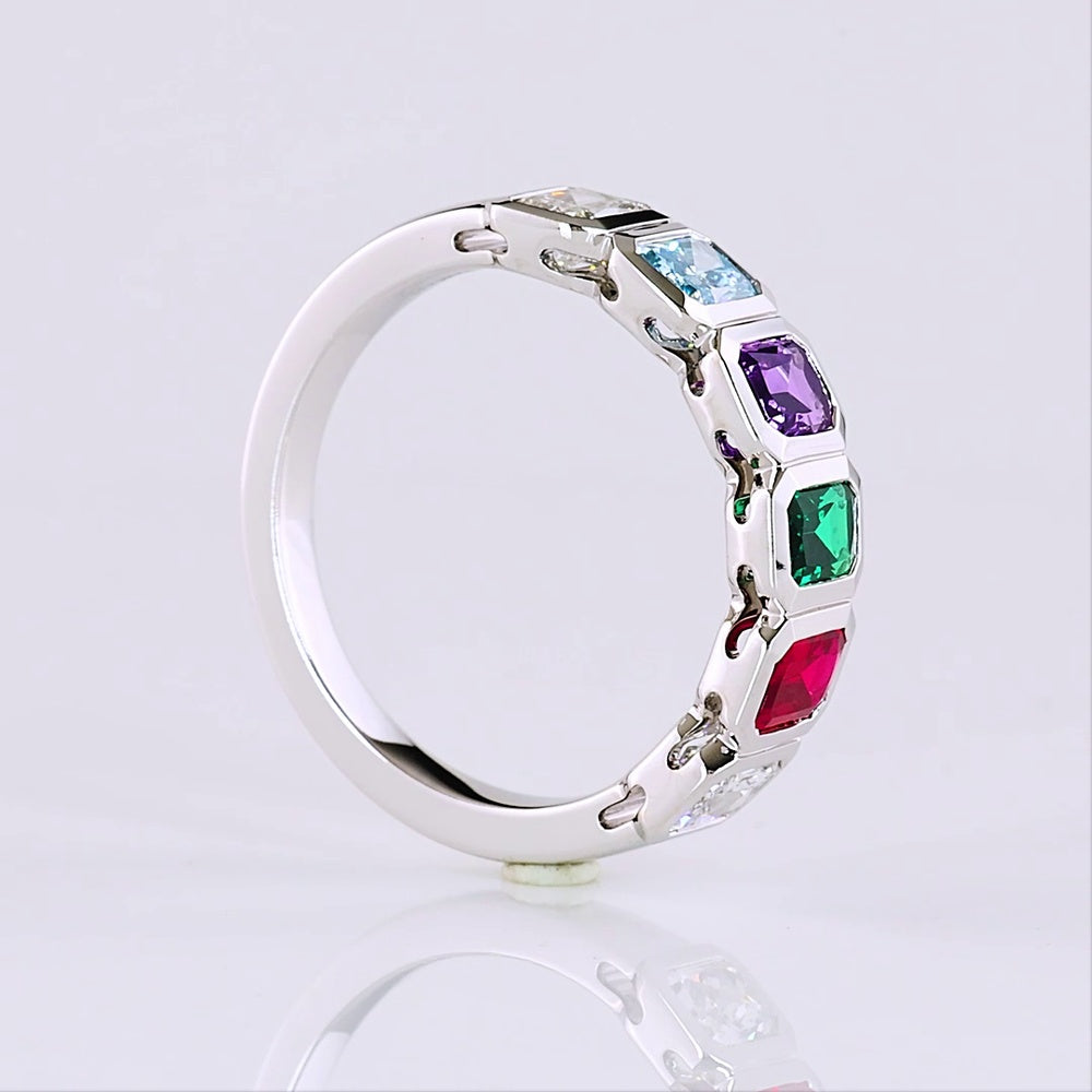 14K White Gold Half Eternity Band with Bezel Set Radiant Cut Ruby, Emerald, Sapphire, Aquamarine, and Diamond Lab Gemstones - 0.89 Carat Total Weight - Covaloro Fine Jewelry