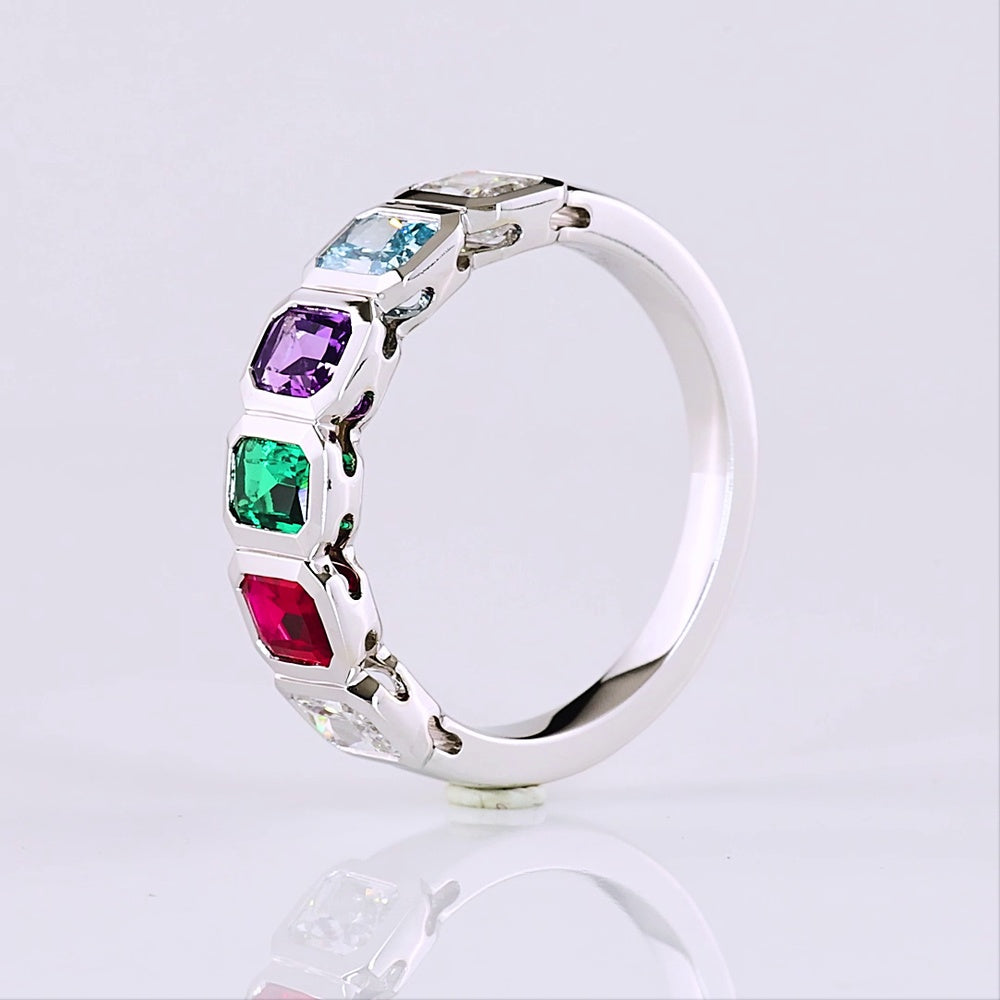 14K White Gold Half Eternity Band with Bezel Set Radiant Cut Ruby, Emerald, Sapphire, Aquamarine, and Diamond Lab Gemstones - 0.89 Carat Total Weight - Covaloro Fine Jewelry