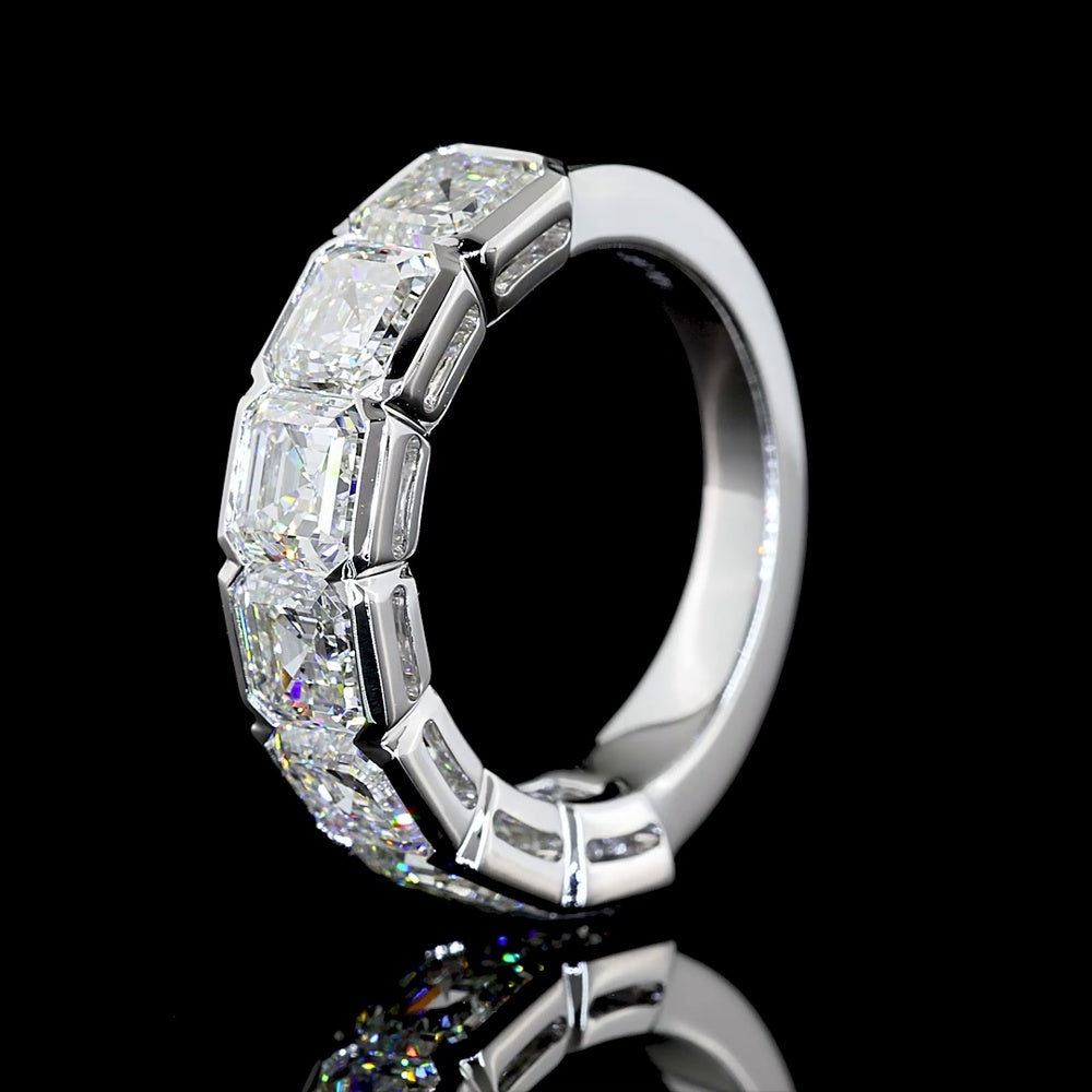 14K White Gold Half Eternity Band with Half-Bezel Set Asscher Cut Lab Diamonds - 5.08 Carat Total Weight - Covaloro Fine Jewelry