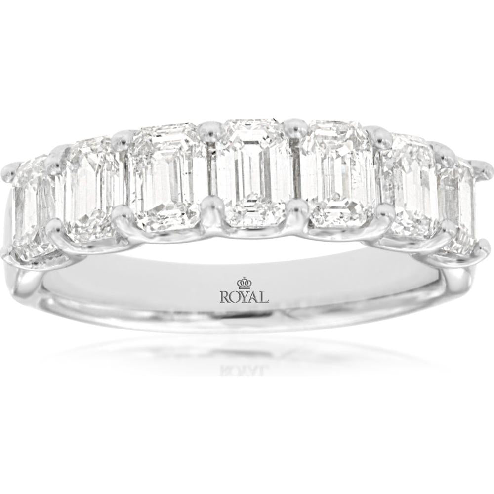 14K White Gold Half-Eternity Wedding Band with Shared-Prong Set Emerald Cut Diamonds - 2.20 Carat Total Diamond Weight - Royal Jewelry