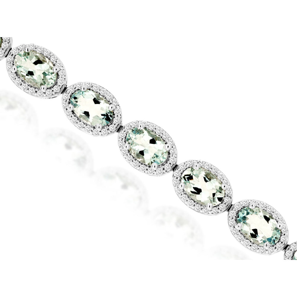 14K White Gold Halo Bracelet with Oval Aquamarines and Round Diamonds - 8.40 Carat Total Aquamarine Weight and 1.40 Carat Total Diamond Weight - Royal Jewelry