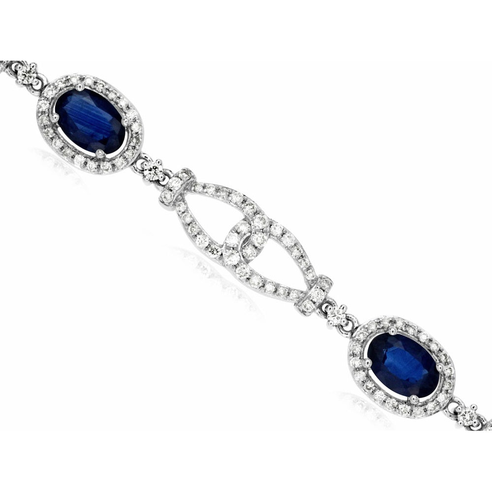 14K White Gold Halo Bracelet with Oval Sapphires and Pavé Set Diamonds - 3.95 Carat Total Sapphire Weight and 1.44 Carat Total Diamond Weight - Royal Jewelry
