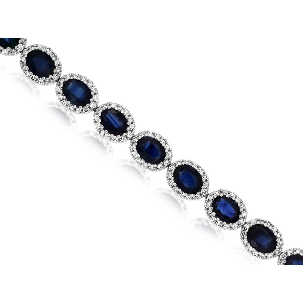 14K White Gold Halo Bracelet with Oval Sapphires and Round Diamonds - 7.20 Carat Sapphire and 1.20 Carat Diamond Total Weight - Royal Jewelry