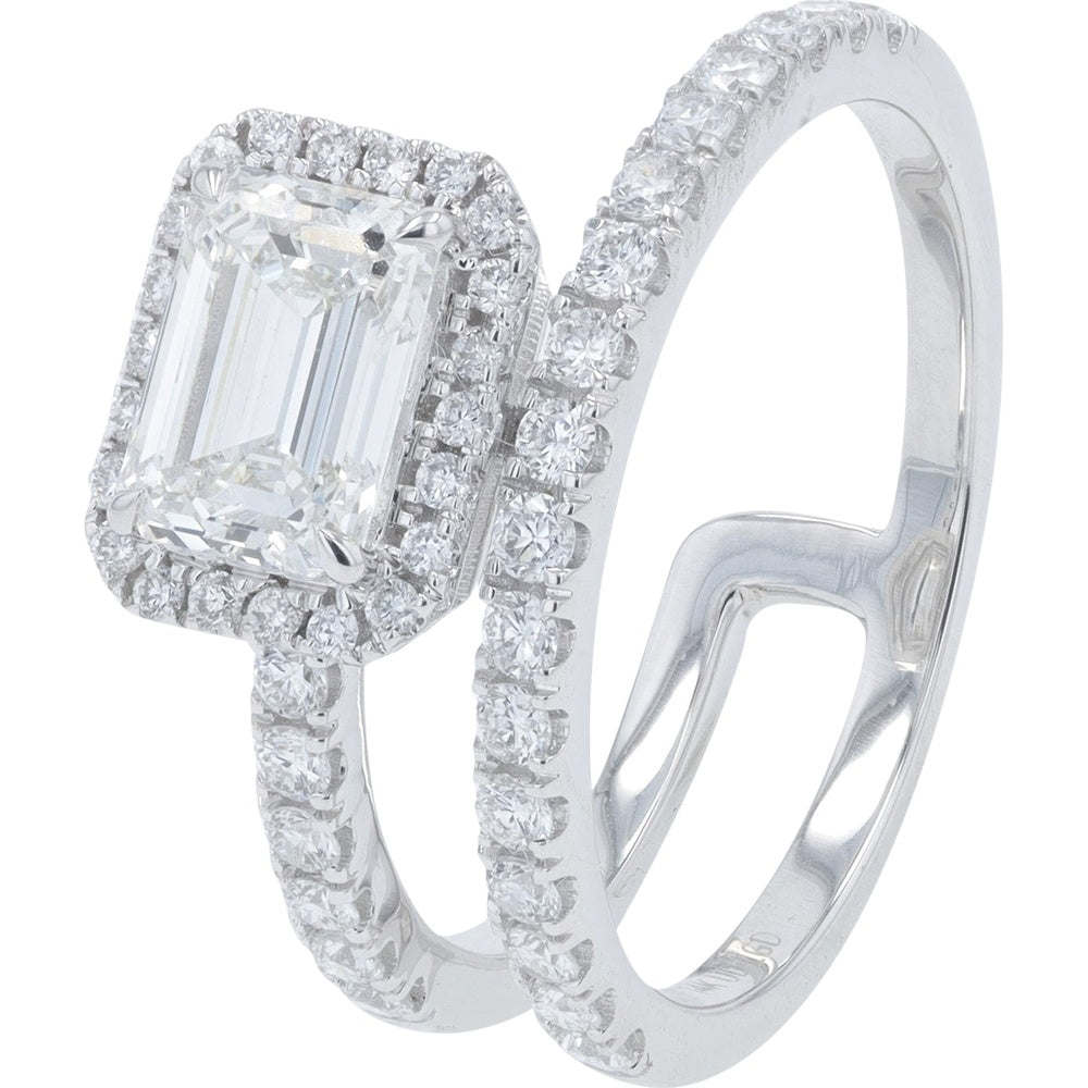 14K White Gold Halo Bridal Set with 1.00 Carat Emerald Cut Lab Grown Diamond and Round Diamond Accents - 1.50 Carat Total Diamond Weight