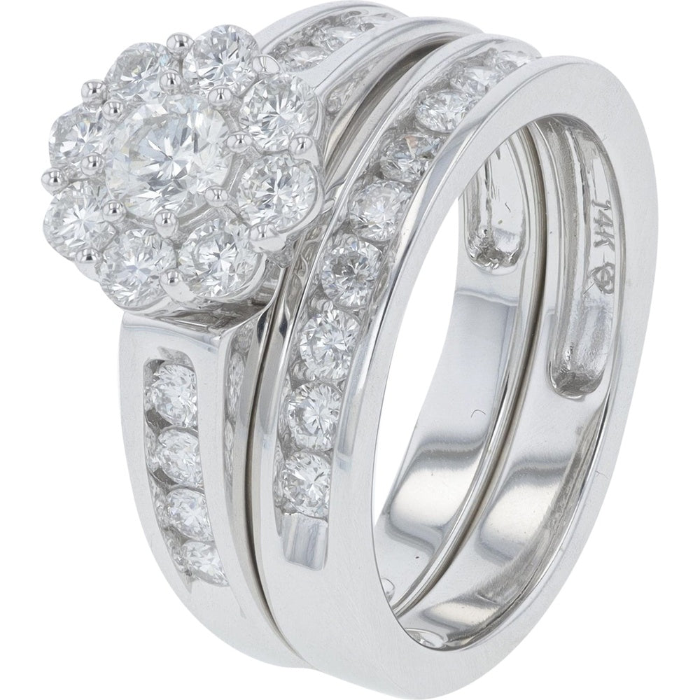 14K White Gold Halo Bridal Set with 1/4 Carat Center Lab-Grown Diamond and Channel-Set Matching Band - 1.50 Carat Total Diamond Weight
