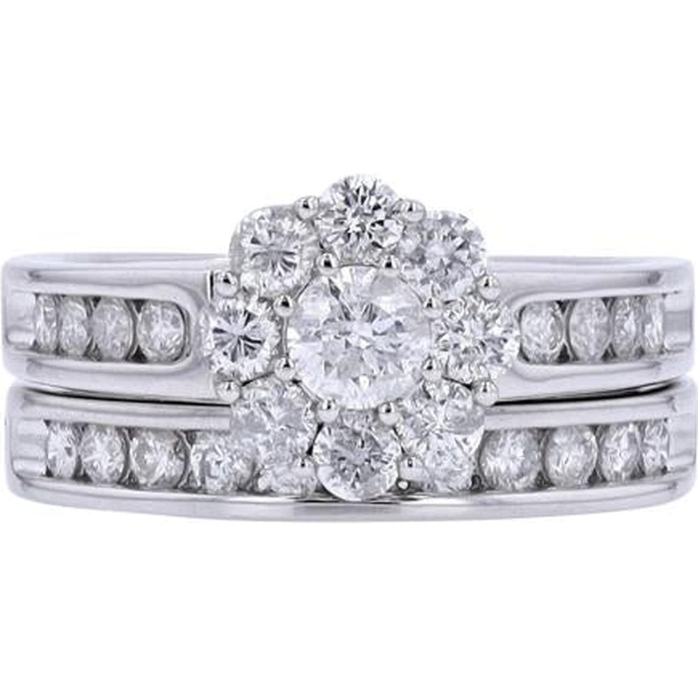 14K White Gold Halo Bridal Set with 1/4 Carat Center Lab-Grown Diamond and Channel-Set Matching Band - 1.50 Carat Total Diamond Weight