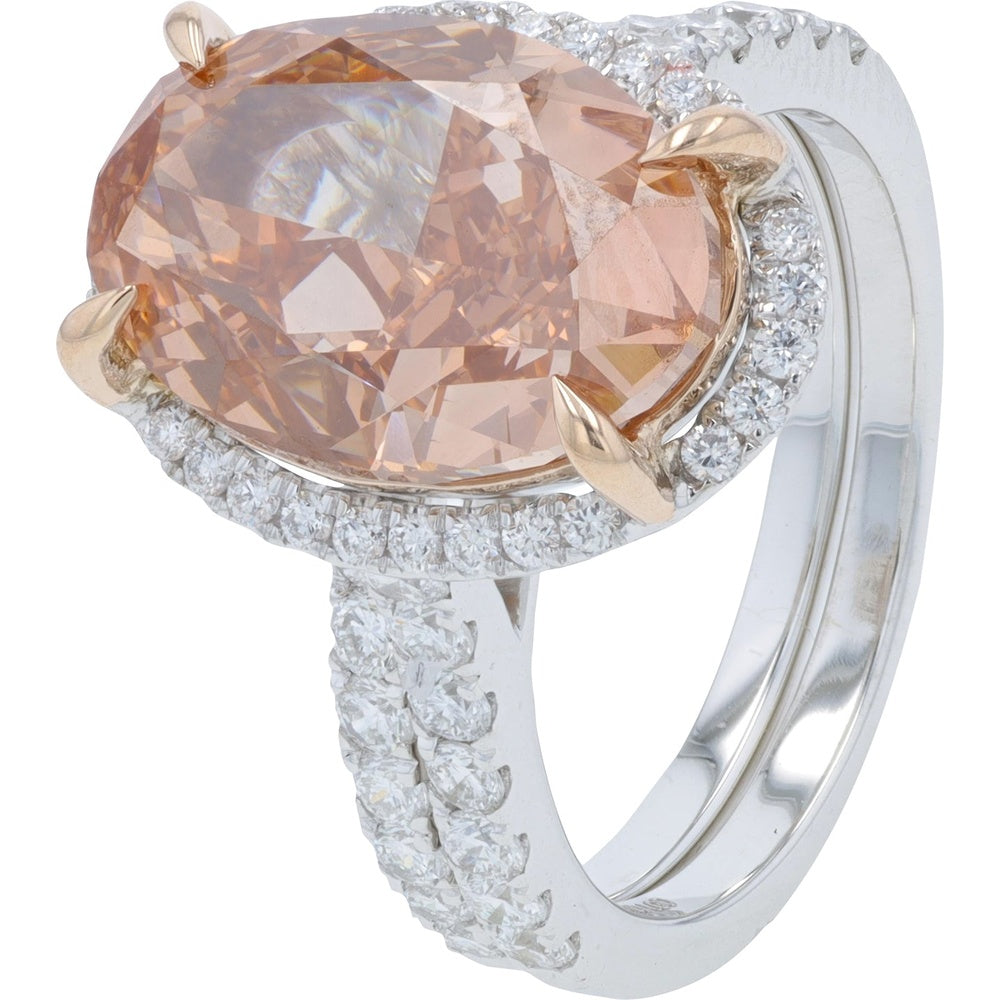 14K White Gold Halo Bridal Set with 5.75 Carat Oval Pink Lab Grown Diamond and Pavé Diamond Accents - 6.75 Carat Total Diamond Weight
