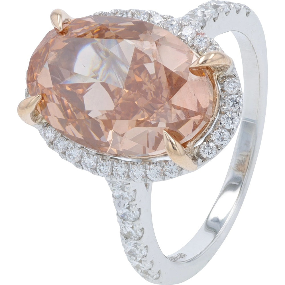 14K White Gold Halo Bridal Set with 5.75 Carat Oval Pink Lab Grown Diamond and Pavé Diamond Accents - 6.75 Carat Total Diamond Weight