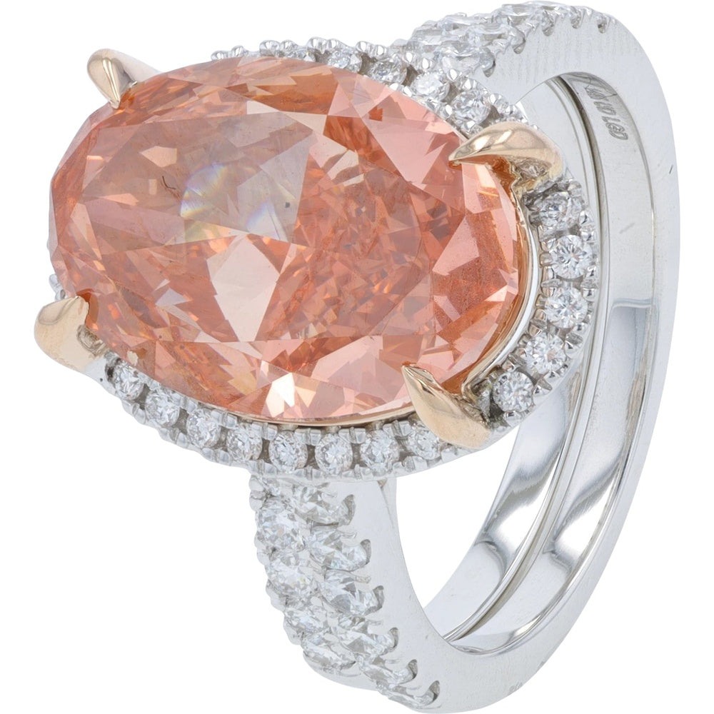 14K White Gold Halo Bridal Set with 6.00 Carat Oval Pink Lab Grown Diamond and 1.00 Carat Round White Diamond Accents - 7.00 Carat Total Diamond Weight