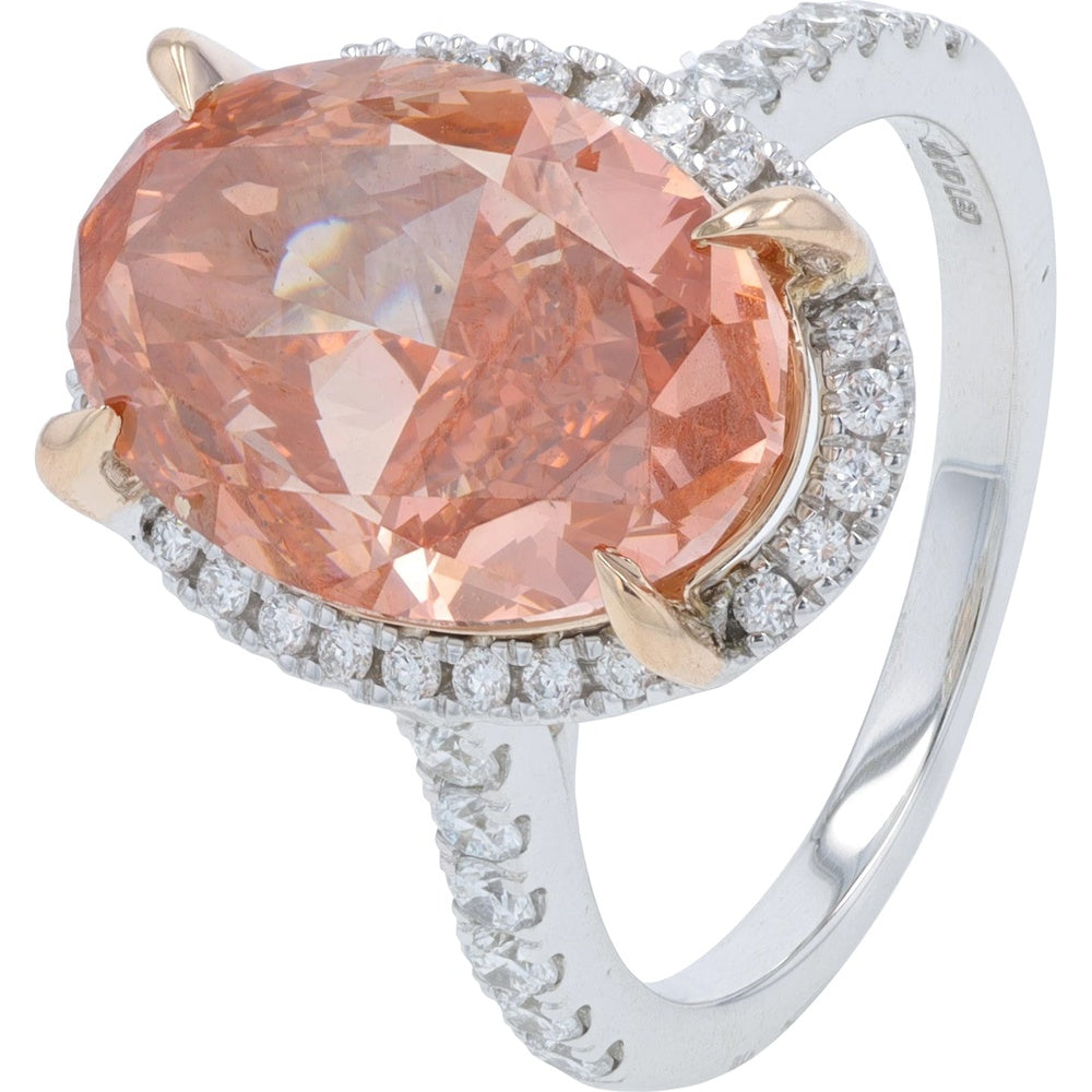 14K White Gold Halo Bridal Set with 6.00 Carat Oval Pink Lab Grown Diamond and 1.00 Carat Round White Diamond Accents - 7.00 Carat Total Diamond Weight