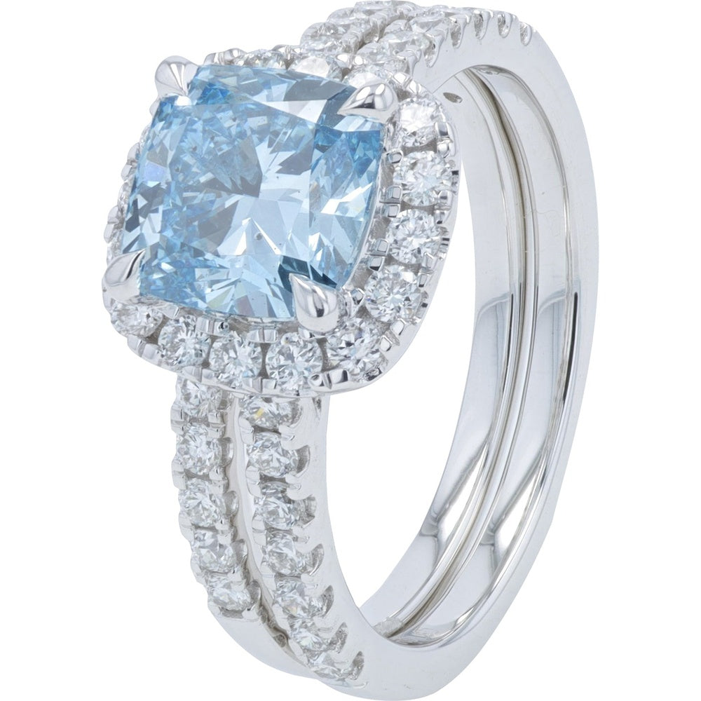 14K White Gold Halo Bridal Set with Cushion Cut Lab Grown Blue Diamond and Pavé Split Shank - 2.88 Carat Total Diamond Weight