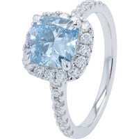 14K White Gold Halo Bridal Set with Cushion Cut Lab Grown Blue Diamond and Pavé Split Shank - 2.88 Carat Total Diamond Weight