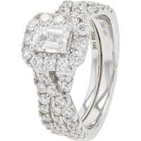 14K White Gold Halo Bridal Set with Emerald-Cut Center Diamond and Twisted Band - 2.00 Carat Total Diamond Weight