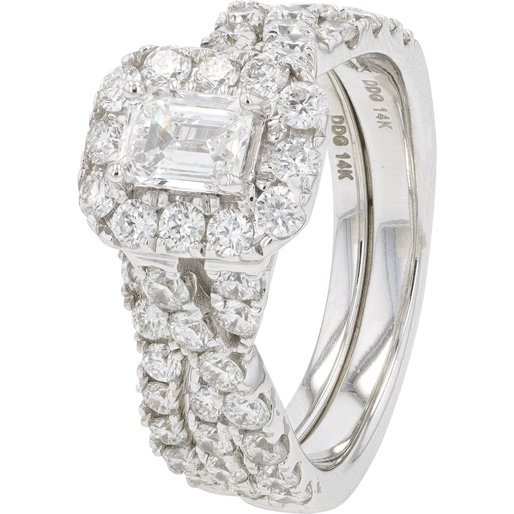 14K White Gold Halo Bridal Set with Emerald-Cut Center Diamond and Twisted Band - 2.00 Carat Total Diamond Weight
