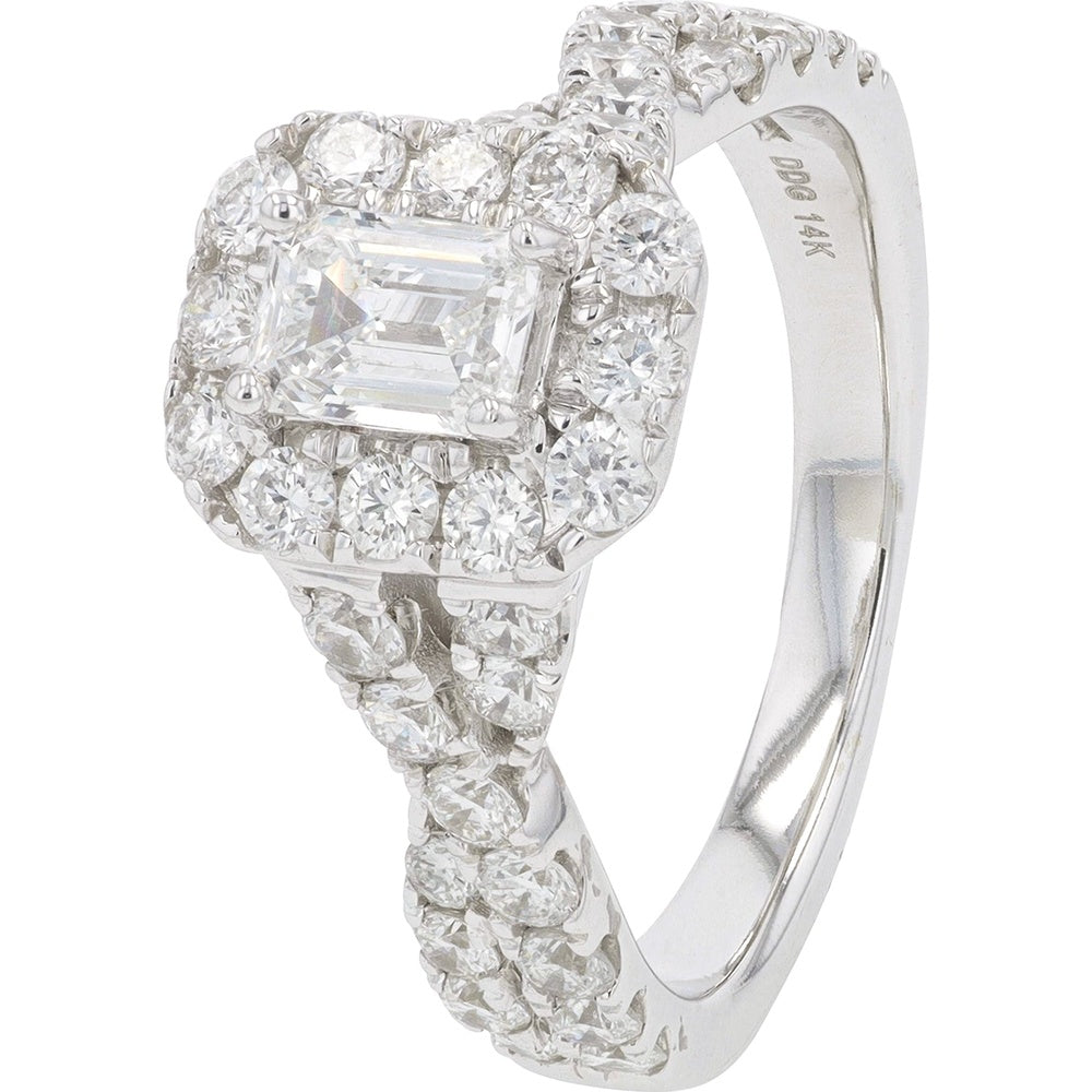 14K White Gold Halo Bridal Set with Emerald-Cut Center Diamond and Twisted Band - 2.00 Carat Total Diamond Weight