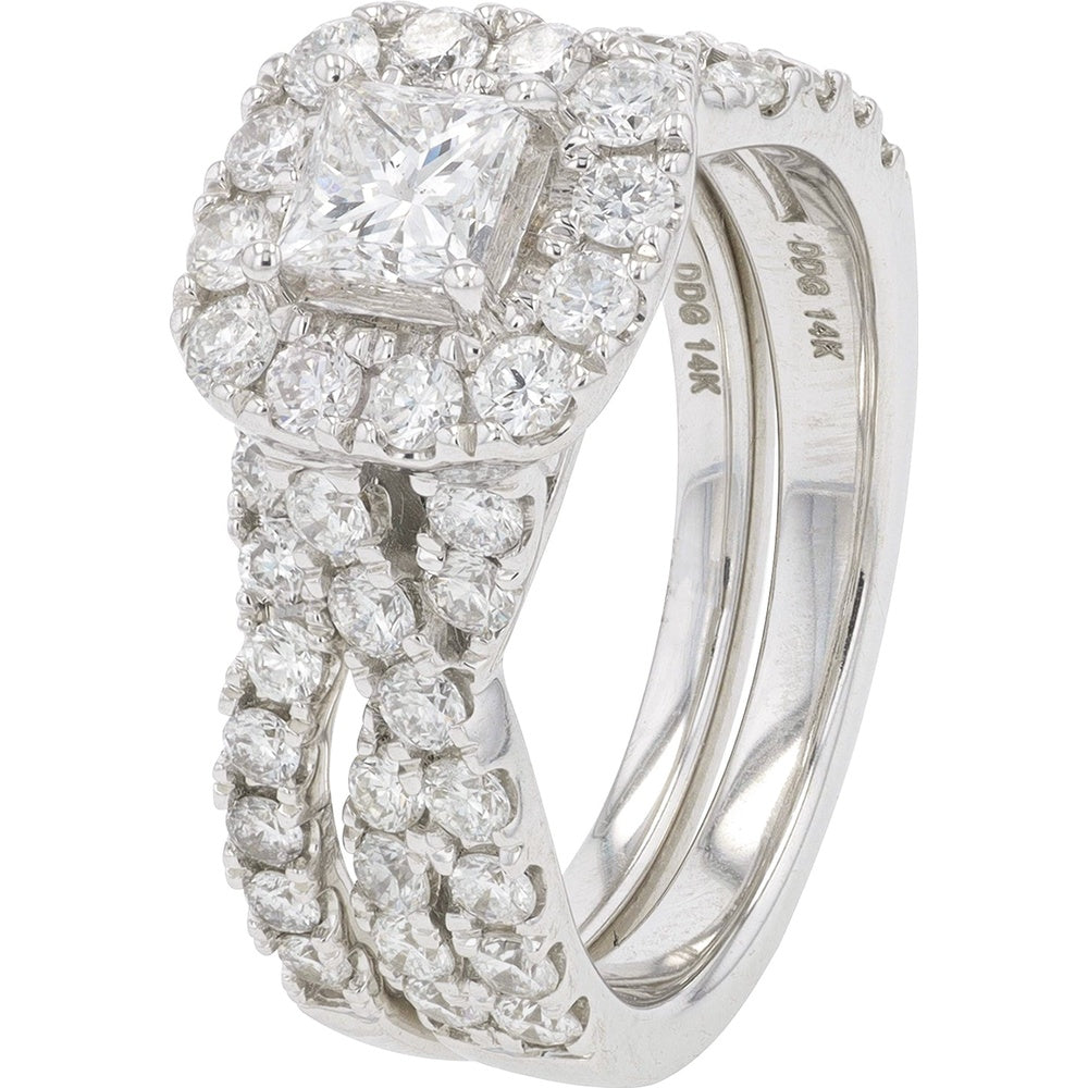 14K White Gold Halo Bridal Set with Princess Cut Center Diamond and Round Accent Stones - 2.00 Carat Total Diamond Weight