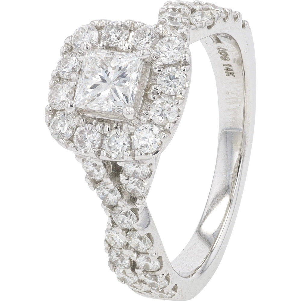 14K White Gold Halo Bridal Set with Princess Cut Center Diamond and Round Accent Stones - 2.00 Carat Total Diamond Weight