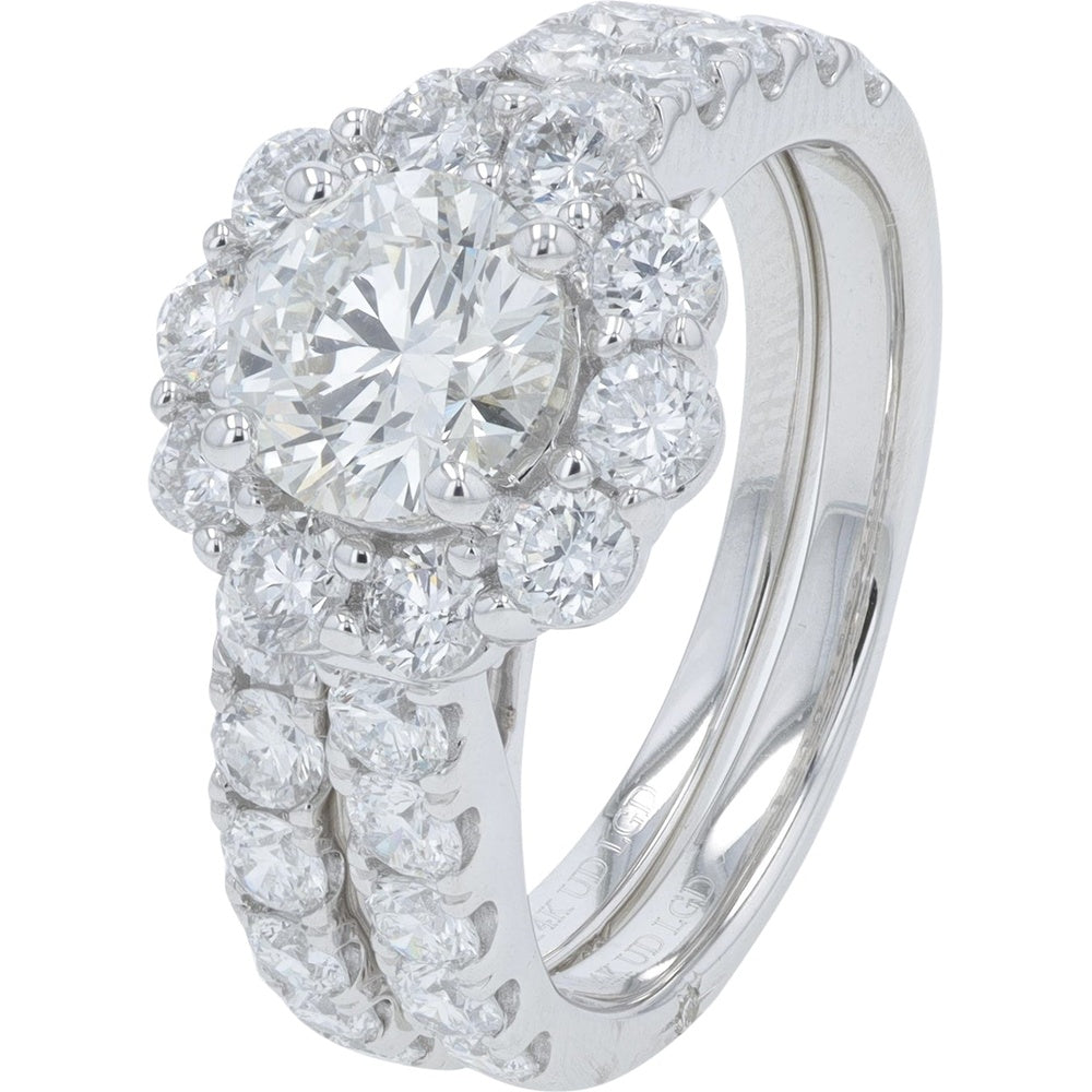 14K White Gold Halo Bridal Set with Round Lab Grown Diamonds - 3.00 Carat Total Diamond Weight
