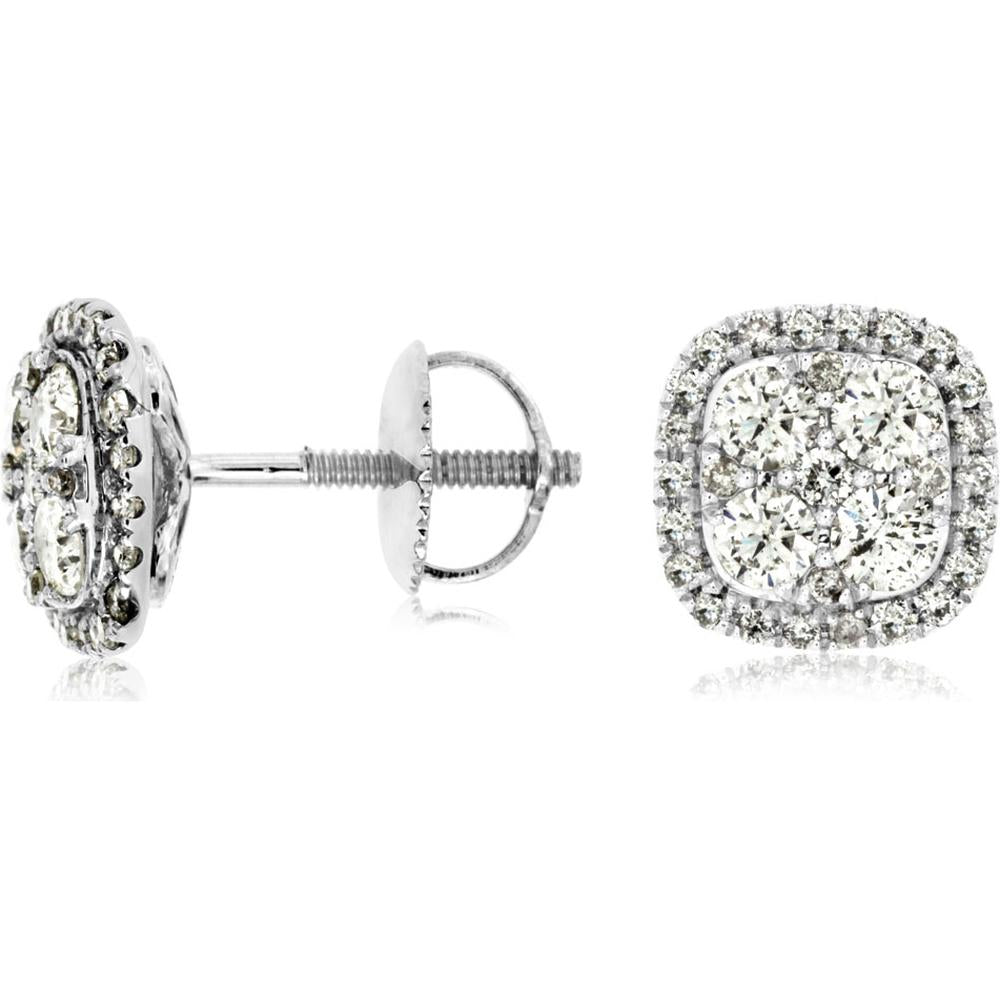 14K White Gold Halo Cluster Diamond Stud Earrings with Milgrain Detail and Screw Backs – 1.00 Carat Total Diamond Weight - Royal Jewelry