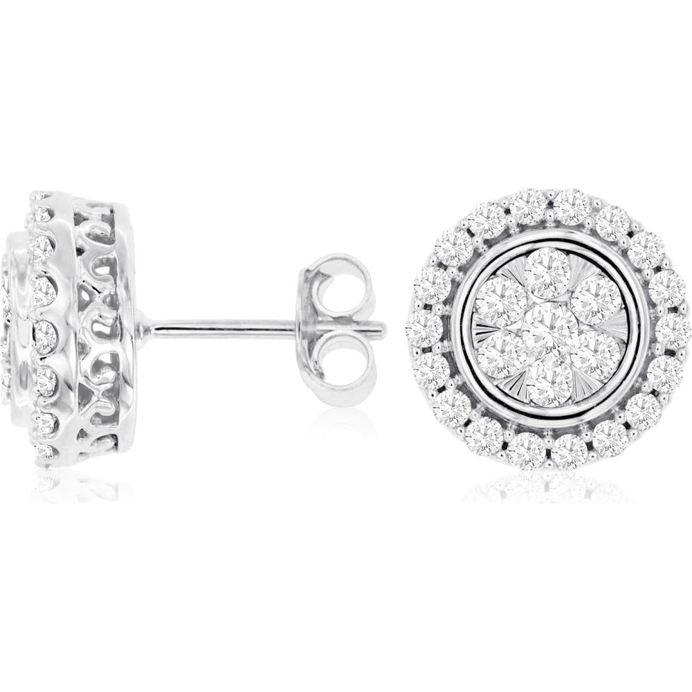 14K White Gold Halo Cluster Diamond Stud Earrings with Scrollwork Gallery - 1.00 Carat Total Diamond Weight - Royal Jewelry