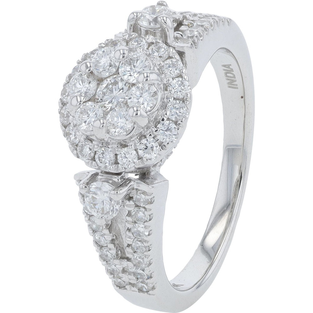 14K White Gold Halo Cluster Engagement Ring with Round Lab-Grown Diamonds - 1.00 Carat Total Diamond Weight