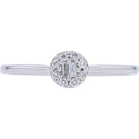 14K White Gold Halo Cluster Ring with Baguette and Round Diamonds - 0.10 Carats Total Diamond Weight