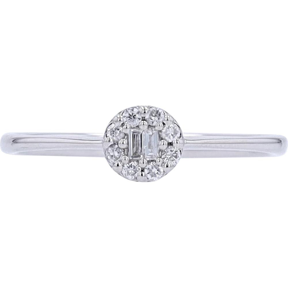 14K White Gold Halo Cluster Ring with Baguette and Round Diamonds - 0.10 Carats Total Diamond Weight