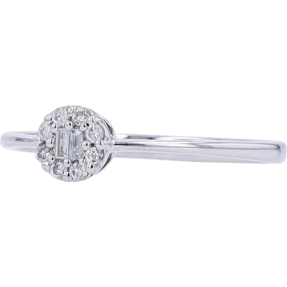 14K White Gold Halo Cluster Ring with Baguette and Round Diamonds - 0.10 Carats Total Diamond Weight