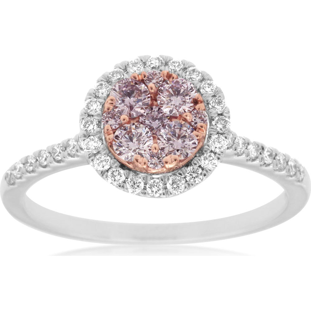 14K White Gold Halo Cluster Ring with Round White and Fancy Pink Diamonds - 0.56 Carat Total Diamond Weight - Royal Jewelry