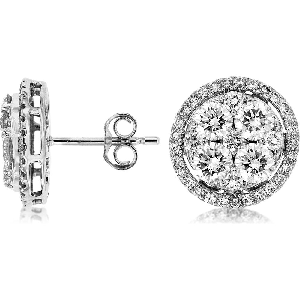 14K White Gold Halo Cluster Stud Earrings with Round Brilliant Diamonds - 2.50 Carat Total Diamond Weight - Royal Jewelry