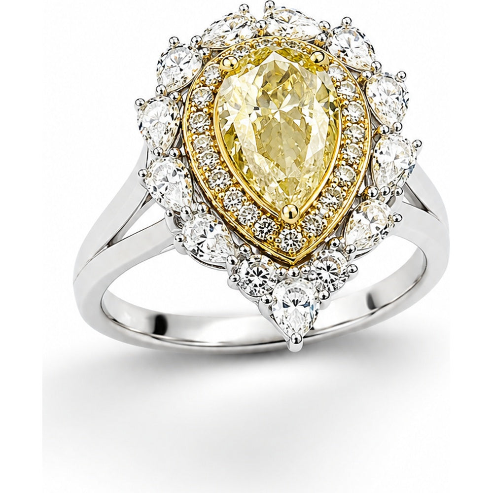 14K White Gold Halo Cocktail Ring with Pear-Shaped Yellow Diamond and Round Diamonds - 1.50 Carat Center Yellow Diamond and 1.28 Carat Total Side Diamond Weight by Auriventus