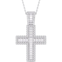 14K White Gold Halo Cross Pendant with Channel-Set Baguette and Round Diamonds - 0.87 Carat Total Diamond Weight by Auriventus