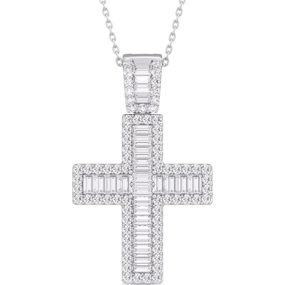 14K White Gold Halo Cross Pendant with Channel-Set Baguette and Round Diamonds - 0.87 Carat Total Diamond Weight by Auriventus