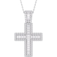 14K White Gold Halo Cross Pendant with Channel-Set Baguette and Round Diamonds - 0.87 Carat Total Diamond Weight by Auriventus